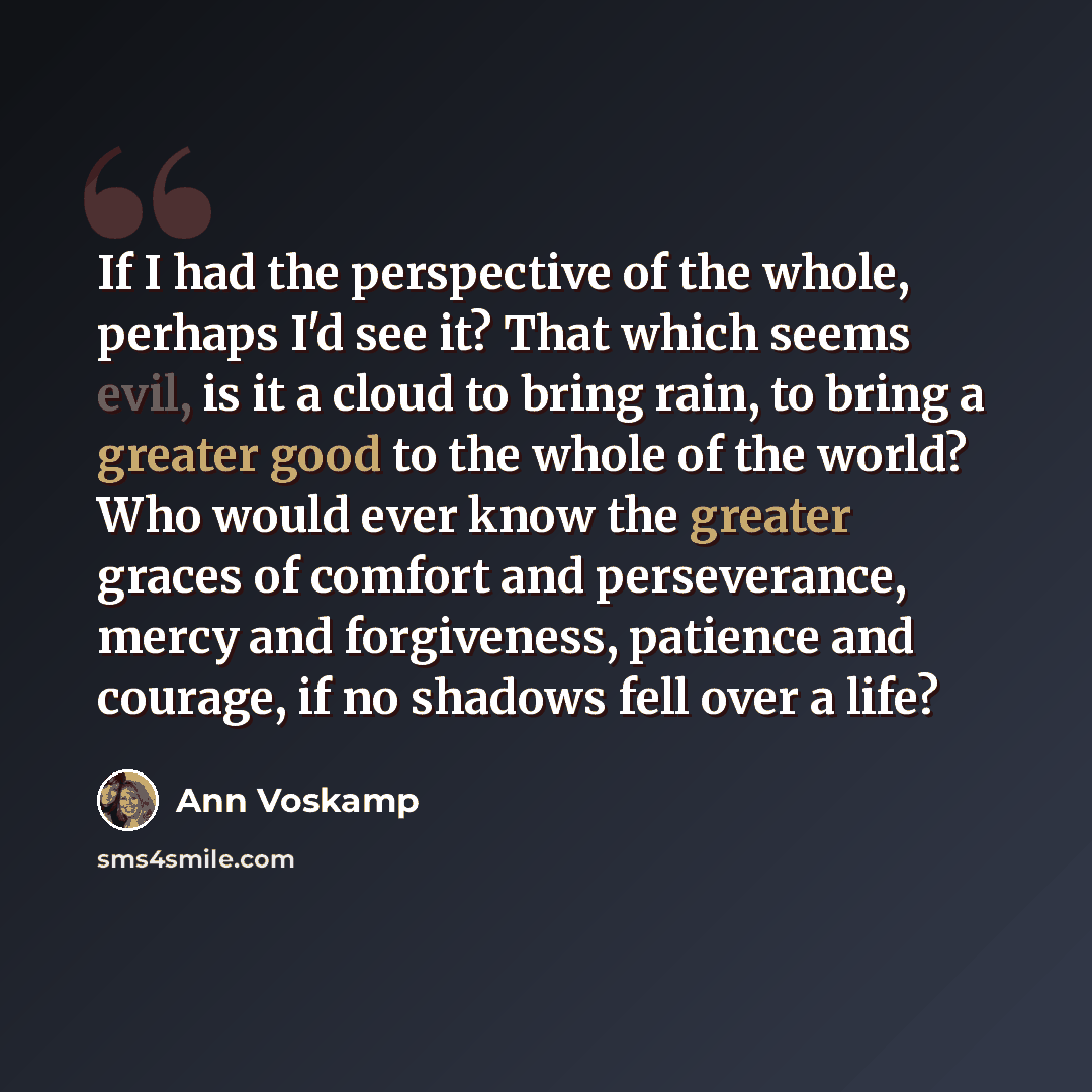 “If I had the perspective of the whole, perhaps I'd see it? That which seems evil, is it a cloud to bring rain, to bring a greater good to the whole of the world? Who would ever know the greater graces of comfort and perseverance, mercy and forgiveness, patience and courage, if no shadows fell over…” quote by Ann Voskamp