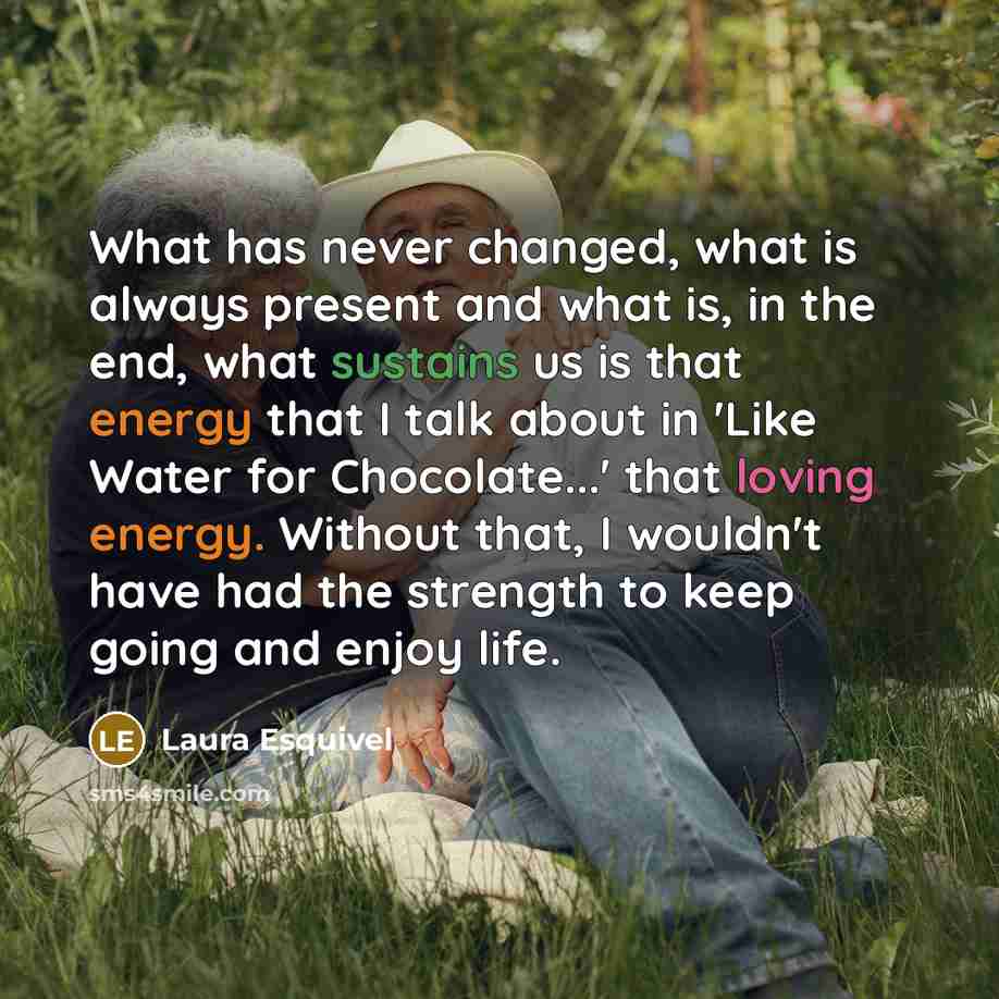 “What has never changed, what is always present and what is, in the end, what sustains us is that energy that I talk about in 'Like Water for Chocolate...' that loving energy. Without that, I wouldn't have had the strength to keep going and enjoy life.” quote by Laura Esquivel