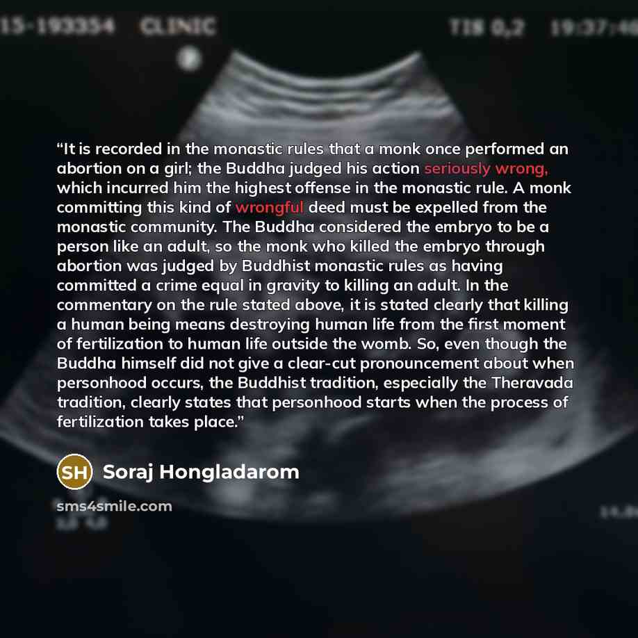 “It is recorded in the monastic rules that a monk once performed an abortion on a girl; the Buddha judged his action seriously wrong, which incurred him the highest offense in the monastic rule. A monk committing this kind of wrongful deed must be expelled from the monastic community. The Buddha…” quote by Soraj Hongladarom