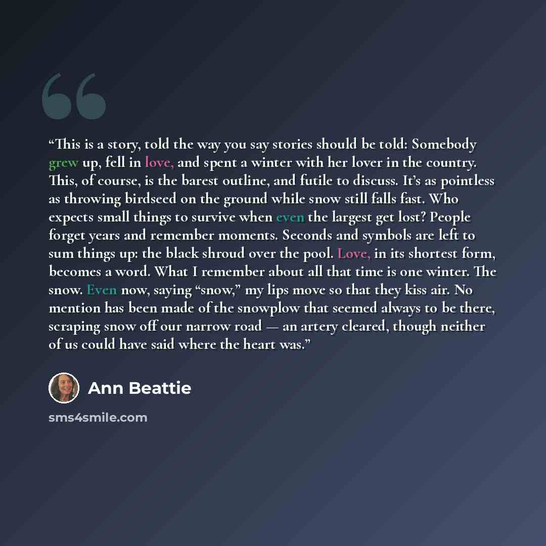 “This is a story, told the way you say stories should be told: Somebody grew up, fell in love, and spent a winter with her lover in the country. This, of course, is the barest outline, and futile to discuss. It’s as pointless as throwing birdseed on the ground while snow still falls fast. Who…” quote by Ann Beattie
