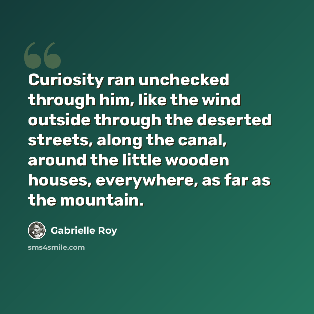 “Curiosity ran unchecked through him, like the wind outside through the deserted streets, along the canal, around the little wooden houses, everywhere, as far as the mountain.” quote by Gabrielle Roy