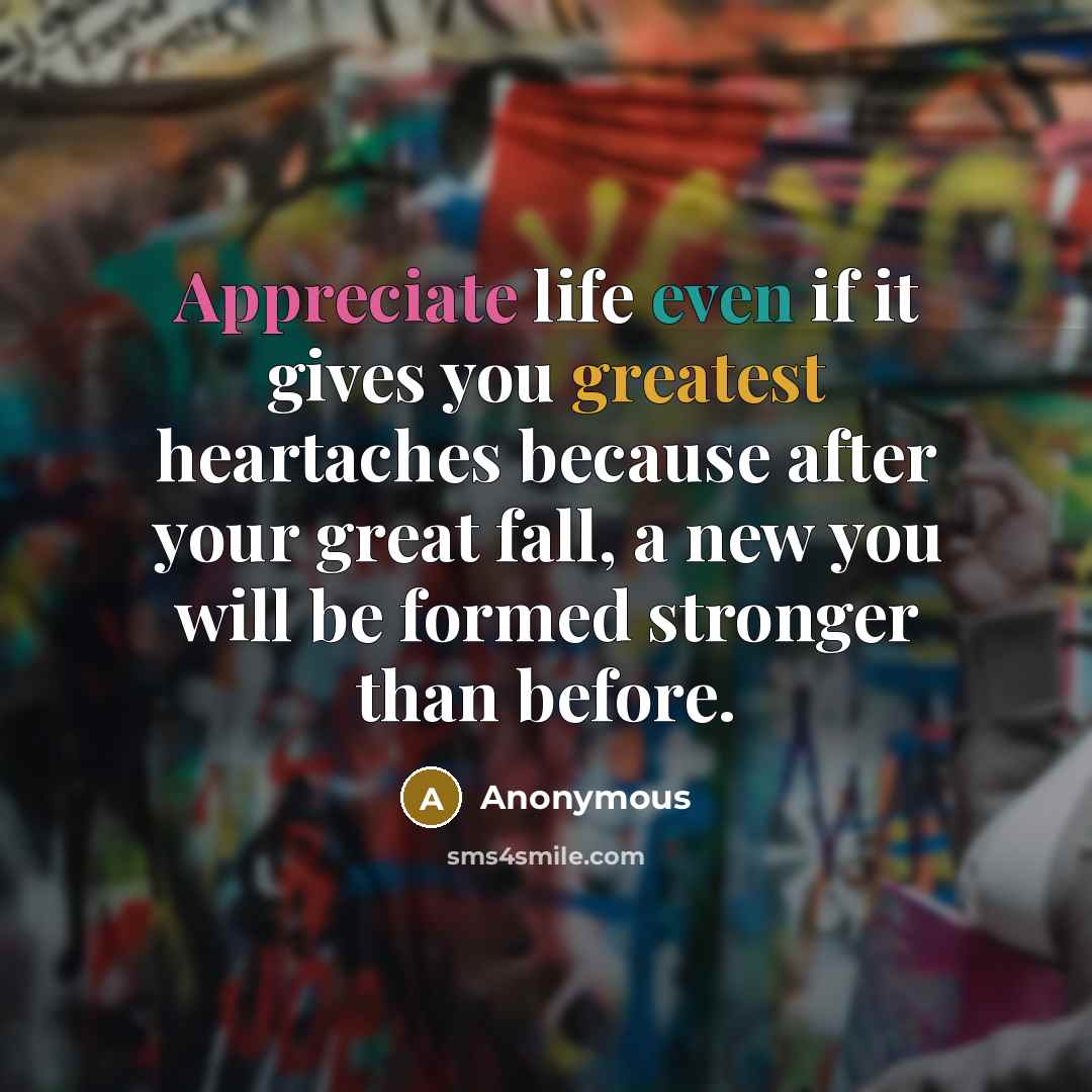 “Appreciate life even if it gives you greatest heartaches because after your great fall, a new you will be formed stronger than before.” quote by Anonymous