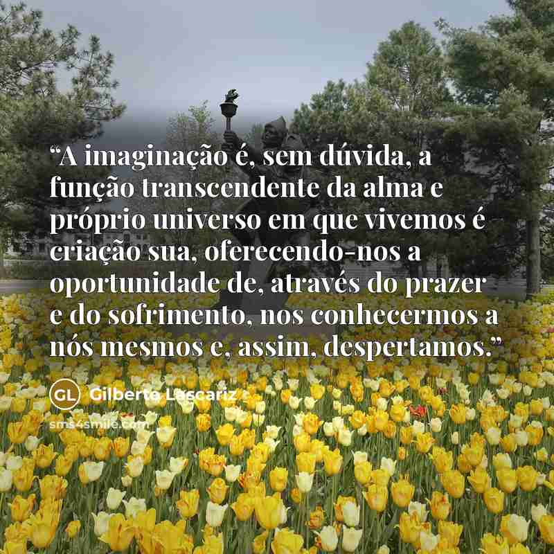 “A imaginação é, sem dúvida, a função transcendente da alma e próprio universo em que vivemos é criação sua, oferecendo-nos a oportunidade de, através do prazer e do sofrimento, nos conhecermos a nós mesmos e, assim, despertamos.” quote by Gilberto Lascariz