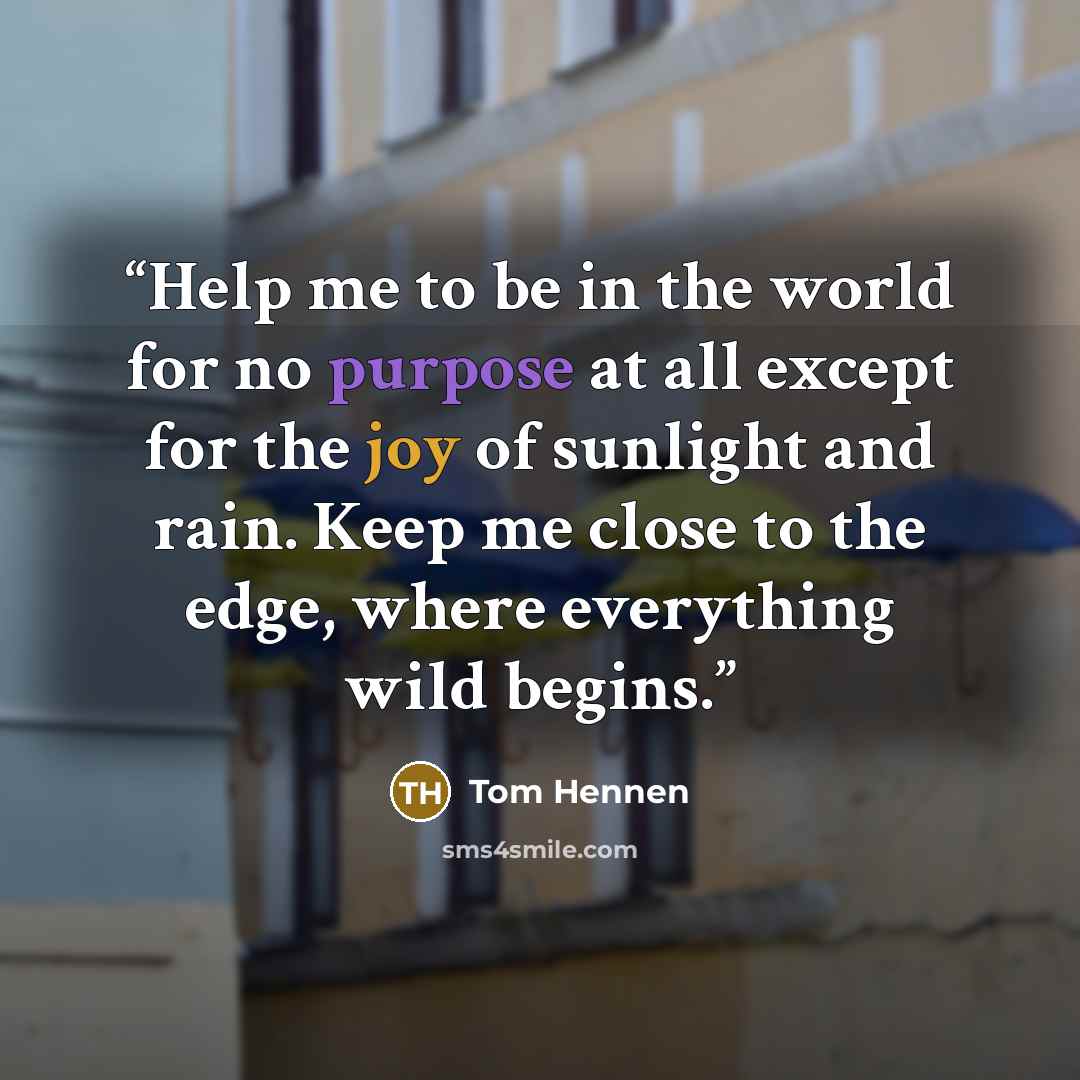 “Help me to be in the world for no purpose at all except for the joy of sunlight and rain. Keep me close to the edge, where everything wild begins.” quote by Tom Hennen
