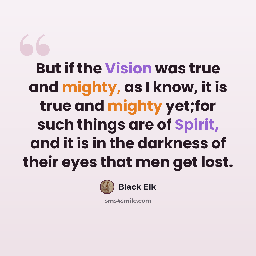 “But if the Vision was true and mighty, as I know, it is true and mighty yet;for such things are of Spirit, and it is in the darkness of their eyes that men get lost.” quote by Black Elk
