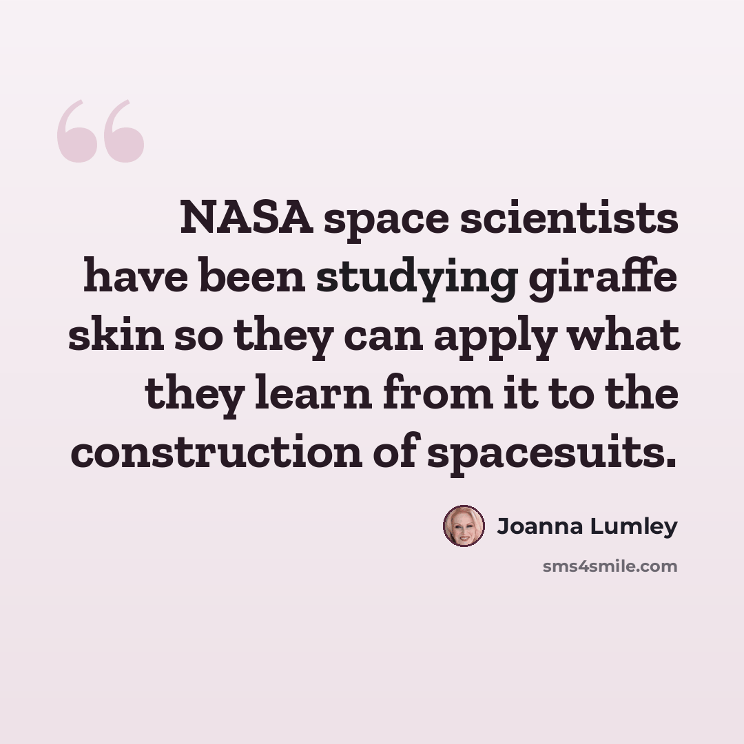 “NASA space scientists have been studying giraffe skin so they can apply what they learn from it to the construction of spacesuits.” quote by Joanna Lumley