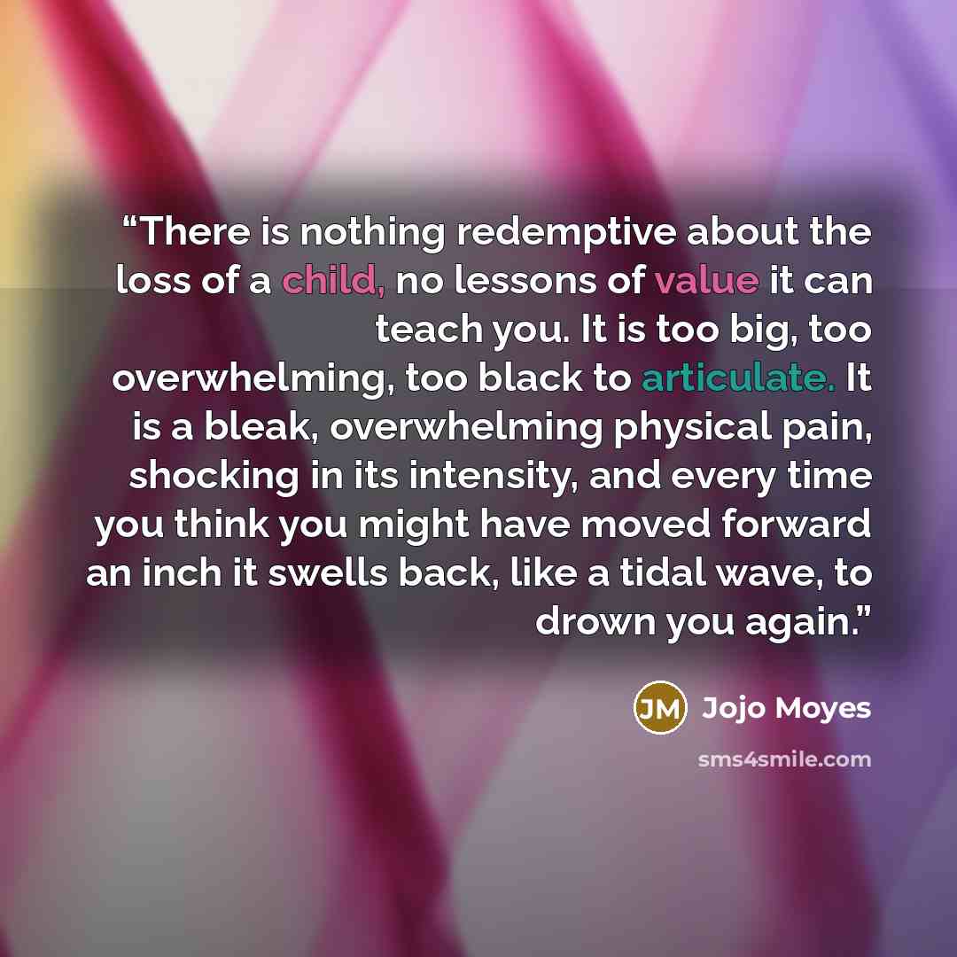 “There is nothing redemptive about the loss of a child, no lessons of value it can teach you. It is too big, too overwhelming, too black to articulate. It is a bleak, overwhelming physical pain, shocking in its intensity, and every time you think you might have moved forward an inch it swells back…” quote by Jojo Moyes