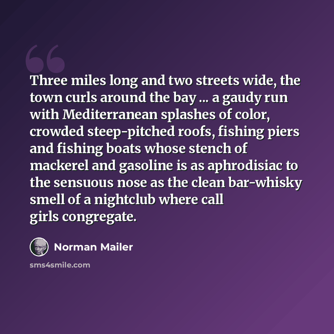 “Three miles long and two streets wide, the town curls around the bay ... a gaudy run with Mediterranean splashes of color, crowded steep-pitched roofs, fishing piers and fishing boats whose stench of mackerel and gasoline is as aphrodisiac to the sensuous nose as the clean bar-whisky smell of a…” quote by Norman Mailer