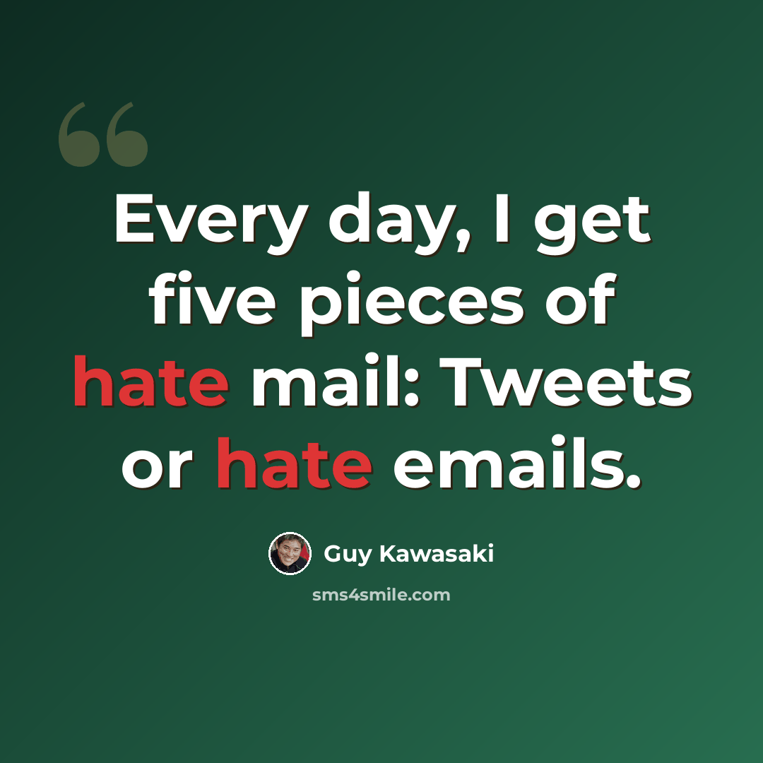 “Every day, I get five pieces of hate mail: Tweets or hate emails.” quote by Guy Kawasaki