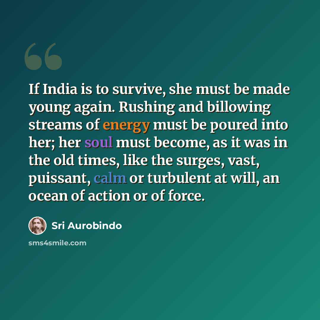 “If India is to survive, she must be made young again. Rushing and billowing streams of energy must be poured into her; her soul must become, as it was in the old times, like the surges, vast, puissant, calm or turbulent at will, an ocean of action or of force.” quote by Sri Aurobindo