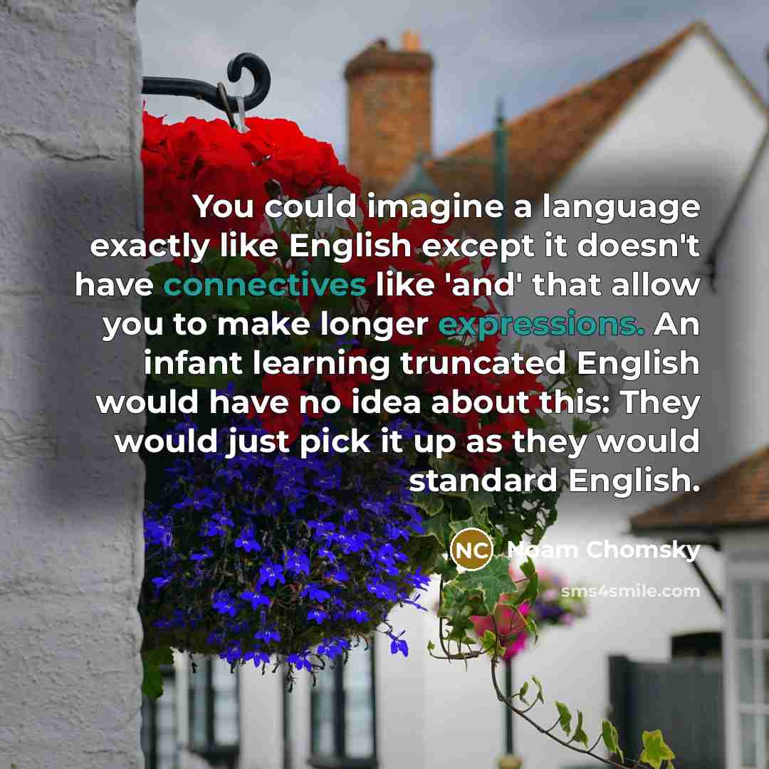 “You could imagine a language exactly like English except it doesn't have connectives like 'and' that allow you to make longer expressions. An infant learning truncated English would have no idea about this: They would just pick it up as they would standard English.” quote by Noam Chomsky