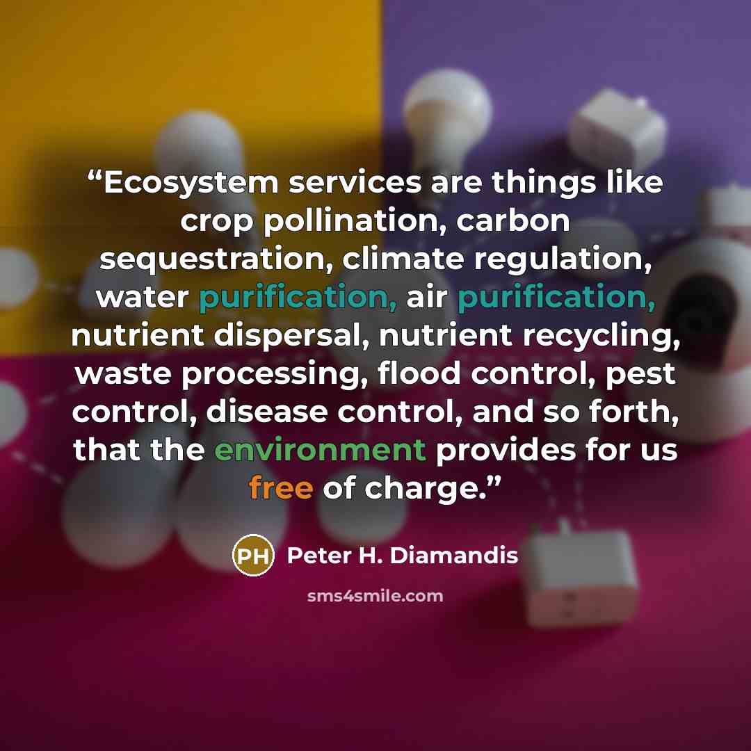 “Ecosystem services are things like crop pollination, carbon sequestration, climate regulation, water purification, air purification, nutrient dispersal, nutrient recycling, waste processing, flood control, pest control, disease control, and so forth, that the environment provides for us free of…” quote by Peter H. Diamandis