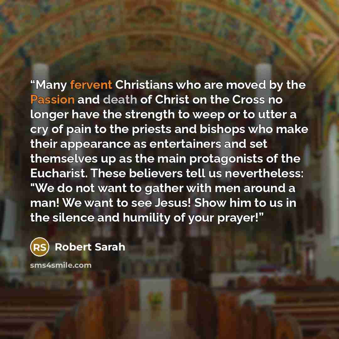“Many fervent Christians who are moved by the Passion and death of Christ on the Cross no longer have the strength to weep or to utter a cry of pain to the priests and bishops who make their appearance as entertainers and set themselves up as the main protagonists of the Eucharist. These believers…” quote by Robert Sarah