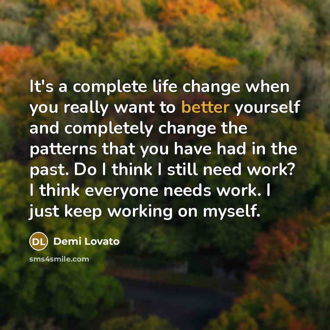 “It's a complete life change when you really want to better yourself and completely change the patterns that you have had in the past. Do I think I still need work? I think everyone needs work. I just keep working on myself.” quote by Demi Lovato