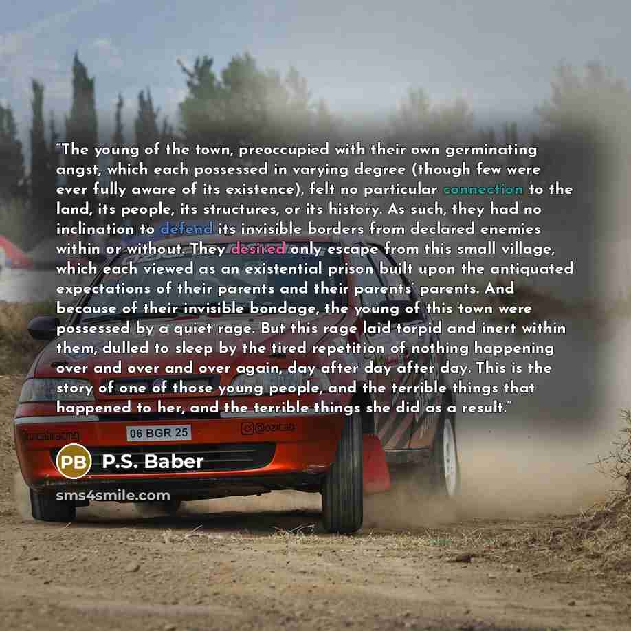 “The young of the town, preoccupied with their own germinating angst, which each possessed in varying degree (though few were ever fully aware of its existence), felt no particular connection to the land, its people, its structures, or its history. As such, they had no inclination to defend its…” quote by P.S. Baber