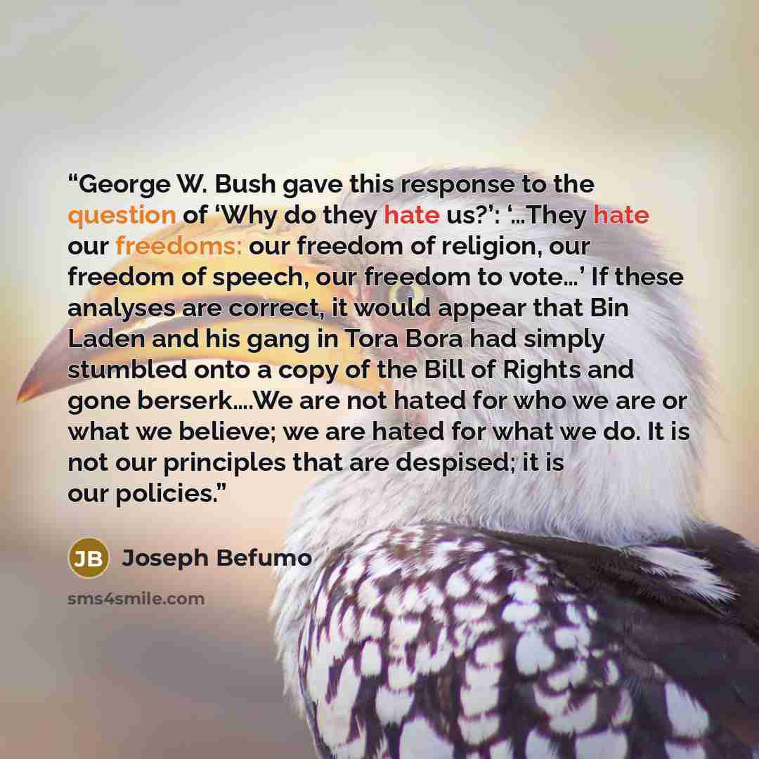 “George W. Bush gave this response to the question of ‘Why do they hate us?’: ‘…They hate our freedoms: our freedom of religion, our freedom of speech, our freedom to vote…’ If these analyses are correct, it would appear that Bin Laden and his gang in Tora Bora had simply stumbled onto a copy of…” quote by Joseph Befumo