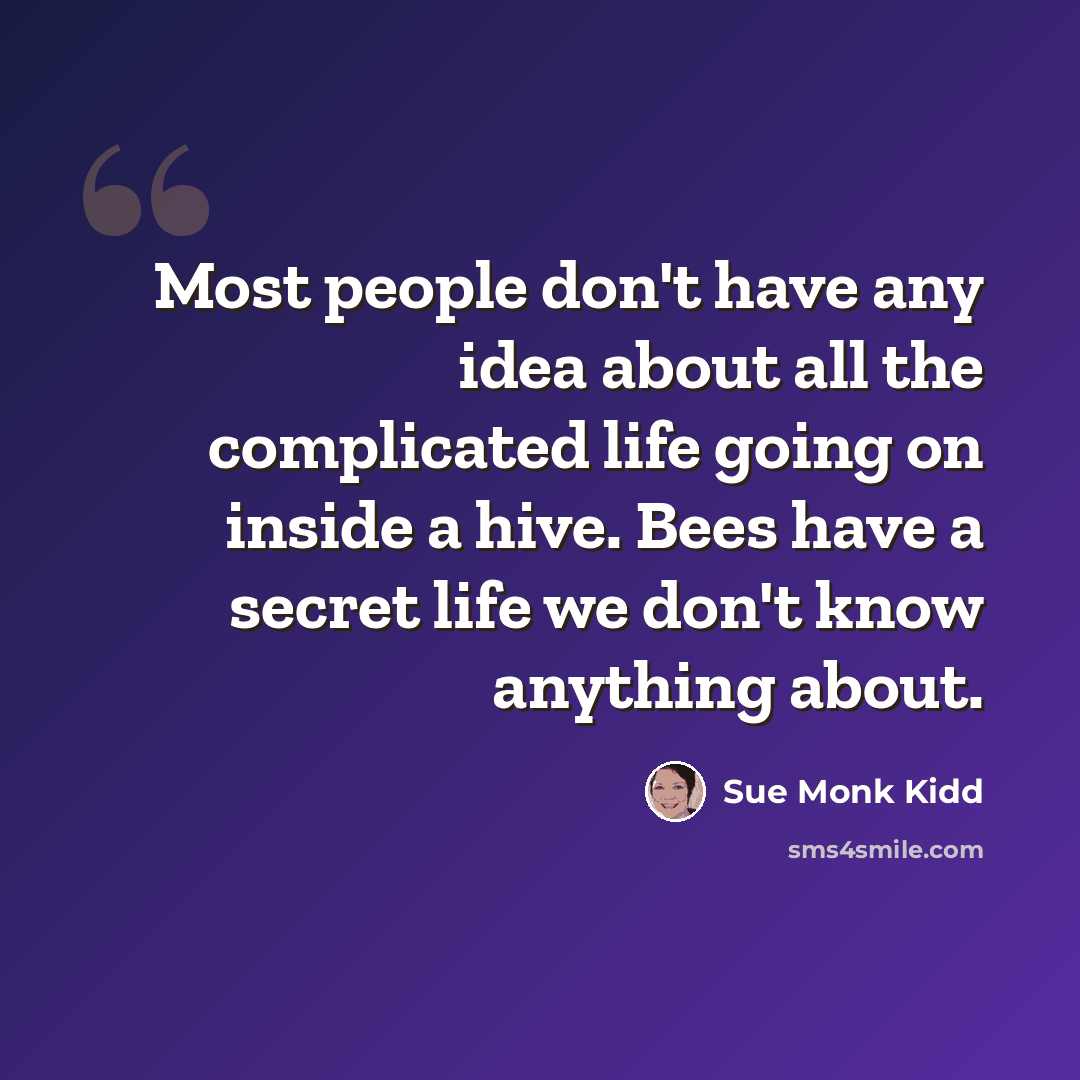 “Most people don't have any idea about all the complicated life going on inside a hive. Bees have a secret life we don't know anything about.” quote by Sue Monk Kidd