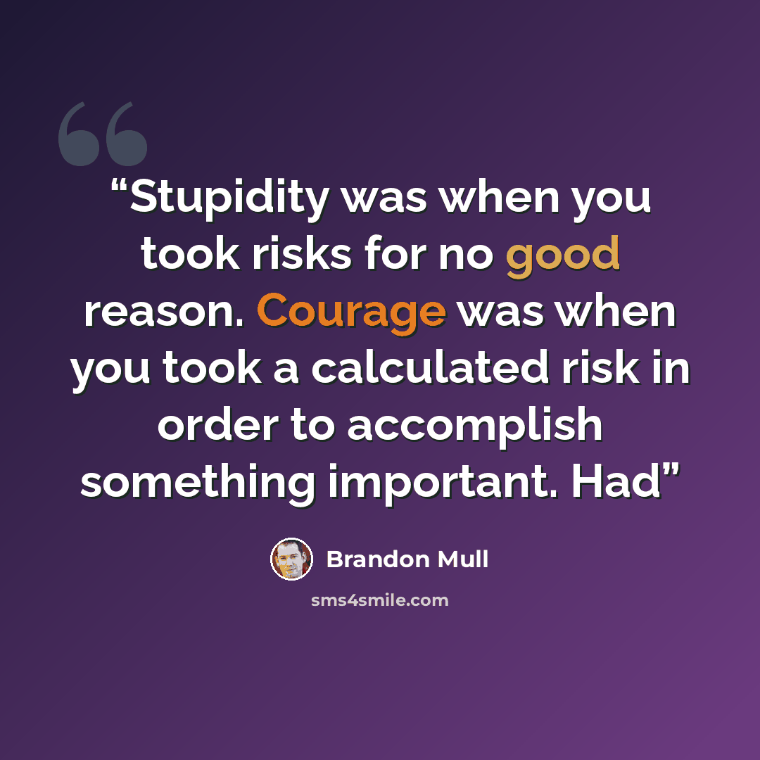 “Stupidity was when you took risks for no good reason. Courage was when you took a calculated risk in order to accomplish something important. Had” quote by Brandon Mull