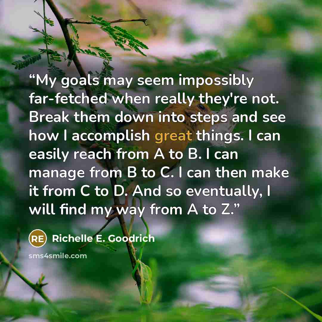 “My goals may seem impossibly far-fetched when really they're not. Break them down into steps and see how I accomplish great things. I can easily reach from A to B. I can manage from B to C. I can then make it from C to D. And so eventually, I will find my way from A to Z.” quote by Richelle E. Goodrich