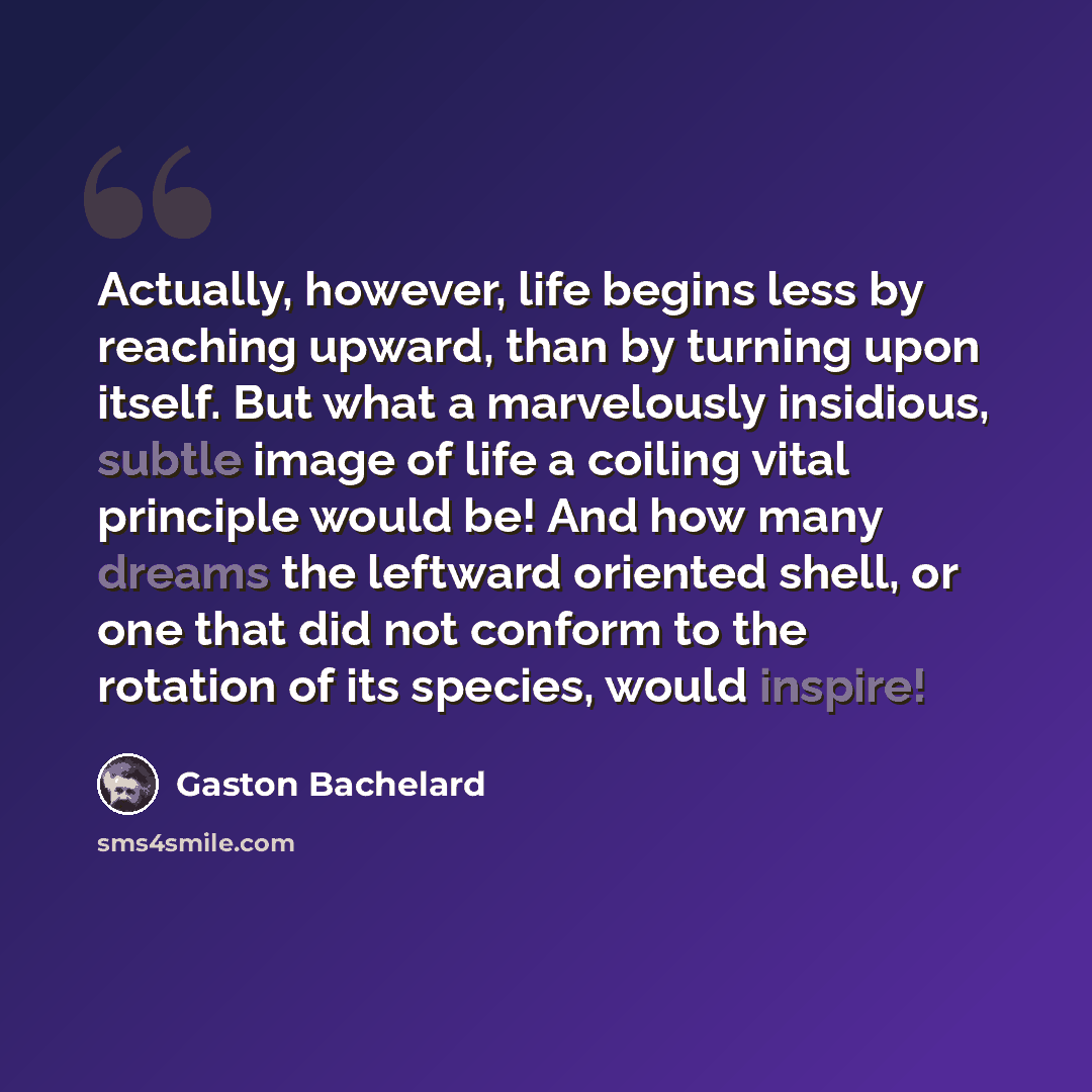 “Actually, however, life begins less by reaching upward, than by turning upon itself. But what a marvelously insidious, subtle image of life a coiling vital principle would be! And how many dreams the leftward oriented shell, or one that did not conform to the rotation of its species, would inspire!” quote by Gaston Bachelard