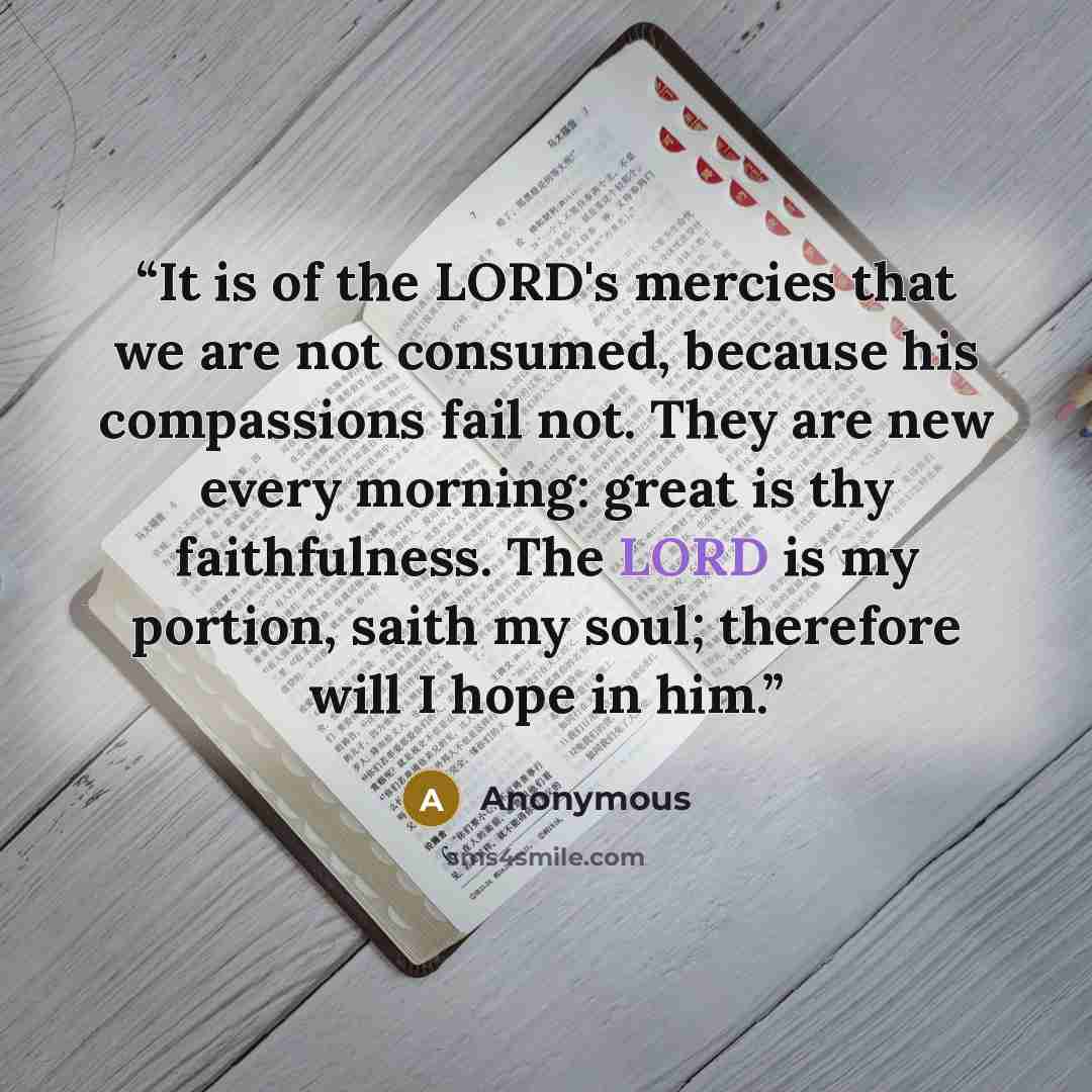 “It is of the LORD's mercies that we are not consumed, because his compassions fail not. They are new every morning: great is thy faithfulness. The LORD is my portion, saith my soul; therefore will I hope in him.” quote by Anonymous