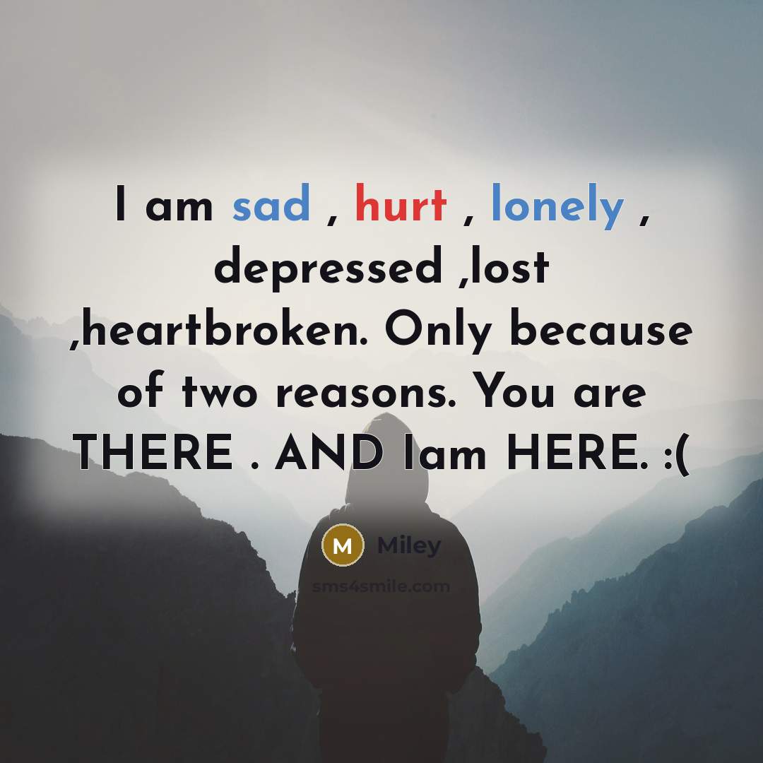 “I am sad , hurt , lonely , depressed ,lost ,heartbroken. Only because of two reasons. You are THERE . AND Iam HERE. :(” quote by Miley
