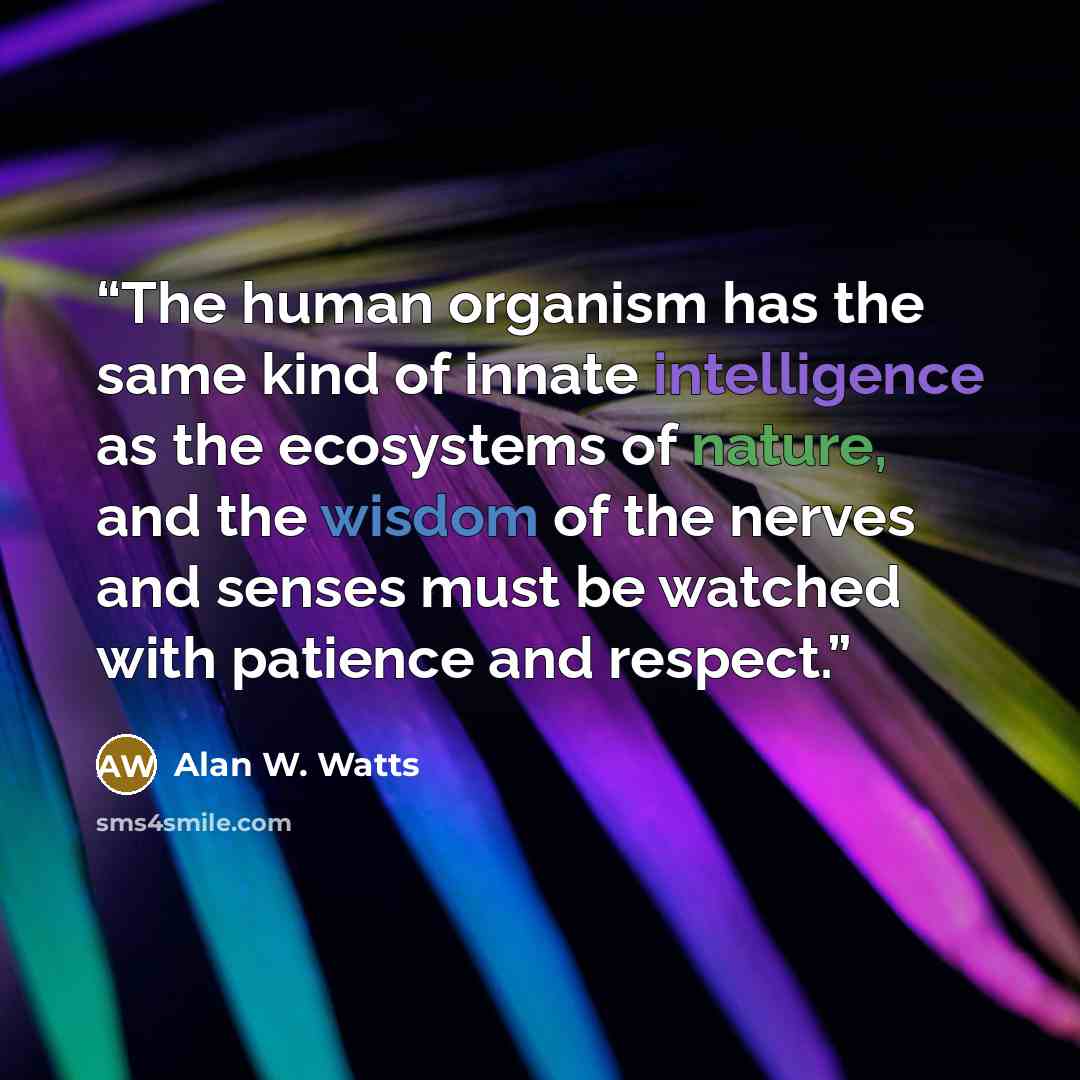 “The human organism has the same kind of innate intelligence as the ecosystems of nature, and the wisdom of the nerves and senses must be watched with patience and respect.” quote by Alan W. Watts