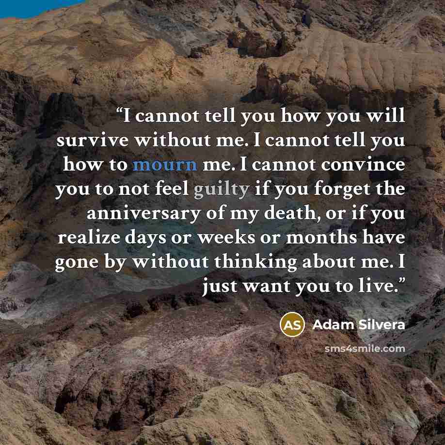 “I cannot tell you how you will survive without me. I cannot tell you how to mourn me. I cannot convince you to not feel guilty if you forget the anniversary of my death, or if you realize days or weeks or months have gone by without thinking about me. I just want you to live.” quote by Adam Silvera