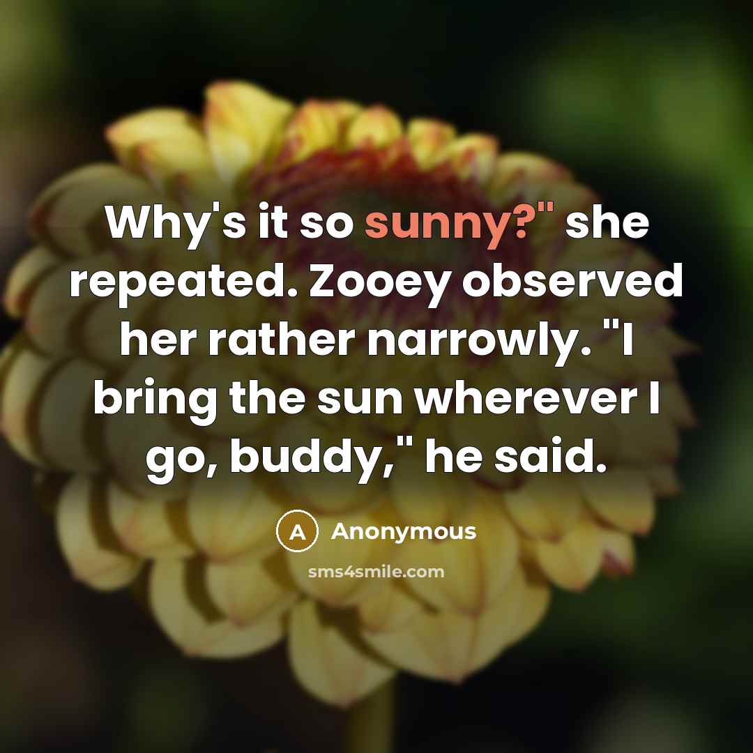 “Why's it so sunny?" she repeated. Zooey observed her rather narrowly. "I bring the sun wherever I go, buddy," he said.” quote by Anonymous