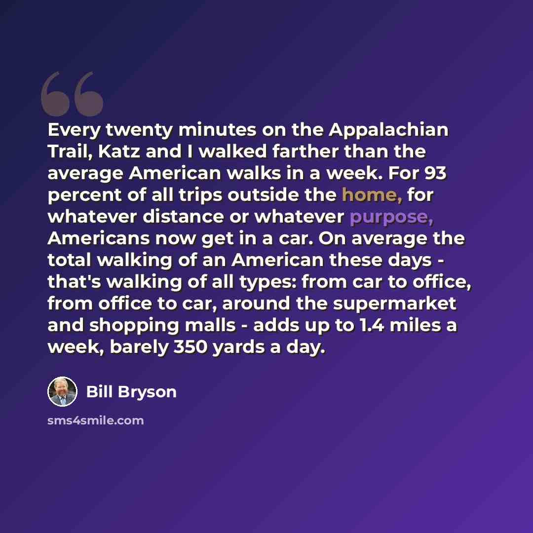 “Every twenty minutes on the Appalachian Trail, Katz and I walked farther than the average American walks in a week. For 93 percent of all trips outside the home, for whatever distance or whatever purpose, Americans now get in a car. On average the total walking of an American these days - that's…” quote by Bill Bryson