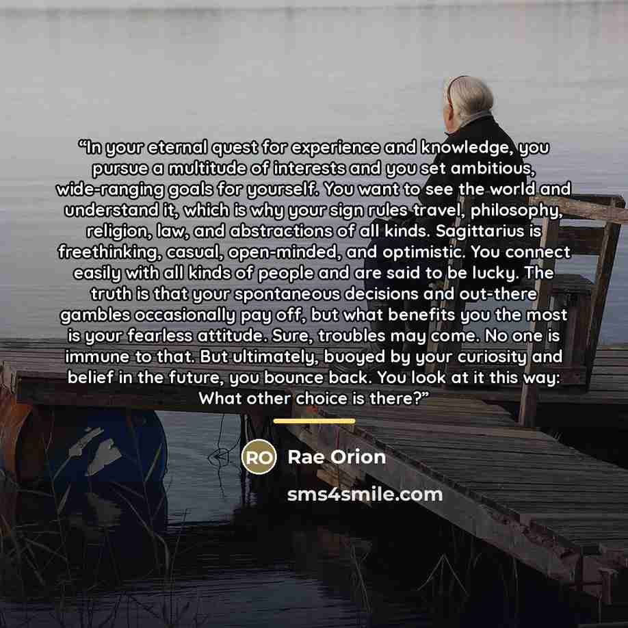 “In your eternal quest for experience and knowledge, you pursue a multitude of interests and you set ambitious, wide-ranging goals for yourself. You want to see the world and understand it, which is why your sign rules travel, philosophy, religion, law, and abstractions of all kinds. Sagittarius is…” quote by Rae Orion