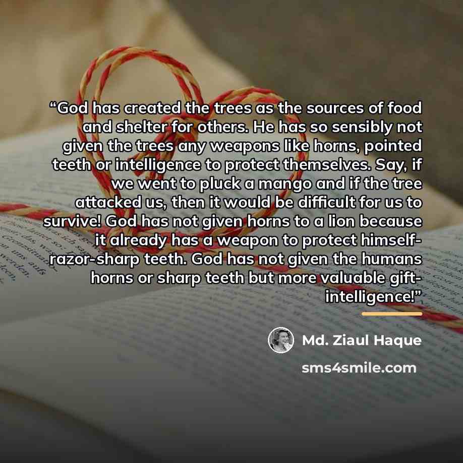 “God has created the trees as the sources of food and shelter for others. He has so sensibly not given the trees any weapons like horns, pointed teeth or intelligence to protect themselves. Say, if we went to pluck a mango and if the tree attacked us, then it would be difficult for us to survive!…” quote by Md. Ziaul Haque