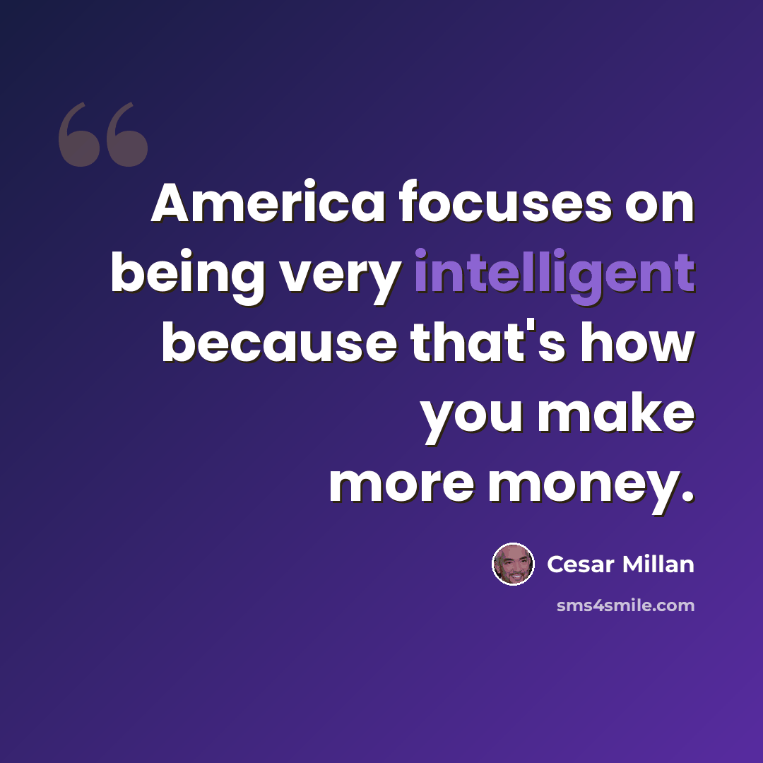 “America focuses on being very intelligent because that's how you make more money.” quote by Cesar Millan