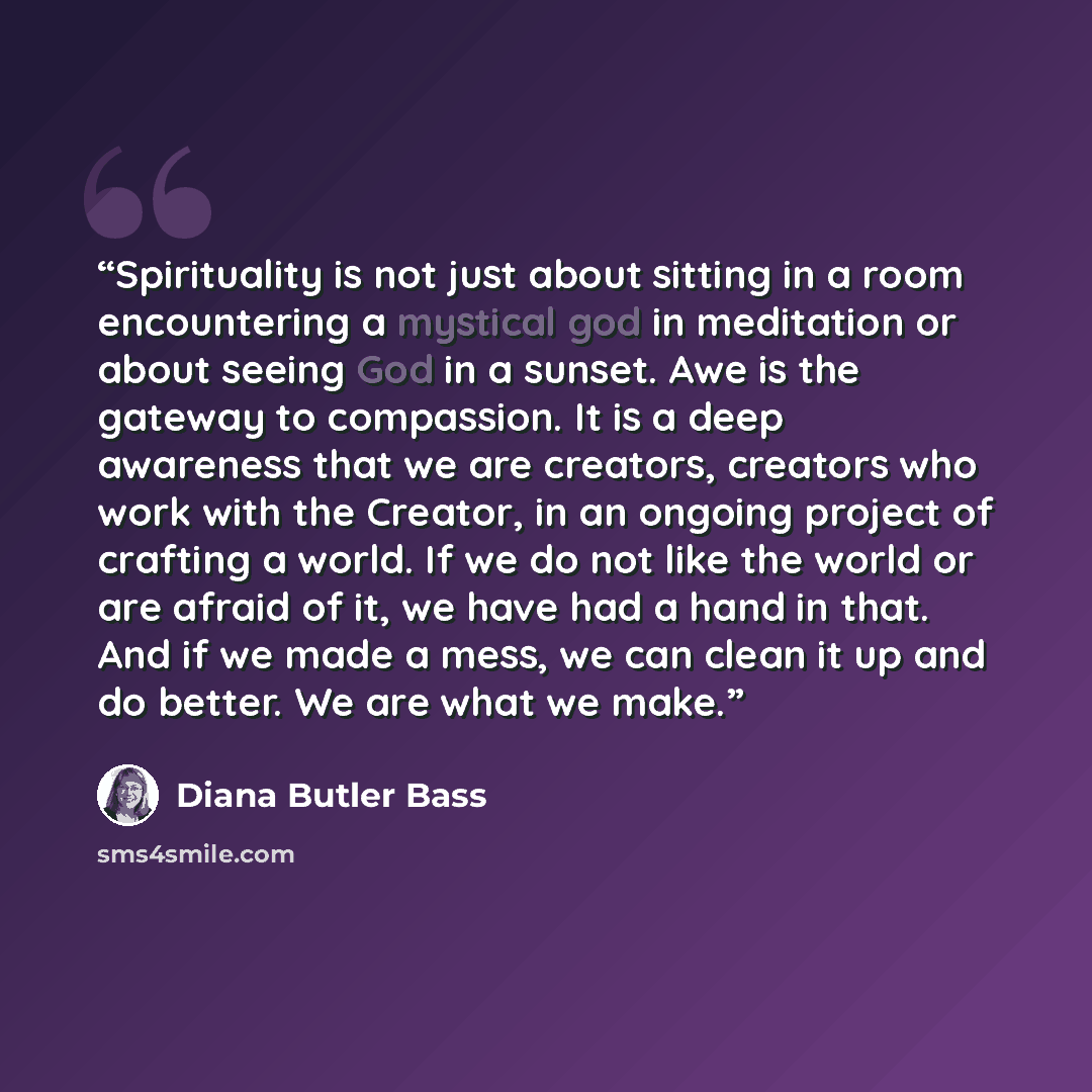 “Spirituality is not just about sitting in a room encountering a mystical god in meditation or about seeing God in a sunset. Awe is the gateway to compassion. It is a deep awareness that we are creators, creators who work with the Creator, in an ongoing project of crafting a world. If we do not…” quote by Diana Butler Bass