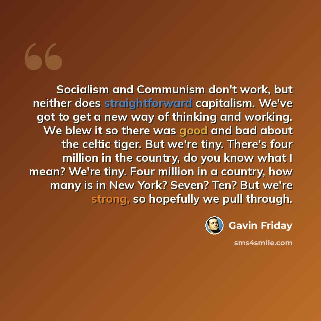 “Socialism and Communism don't work, but neither does straightforward capitalism. We've got to get a new way of thinking and working. We blew it so there was good and bad about the celtic tiger. But we're tiny. There's four million in the country, do you know what I mean? We're tiny. Four million…” quote by Gavin Friday