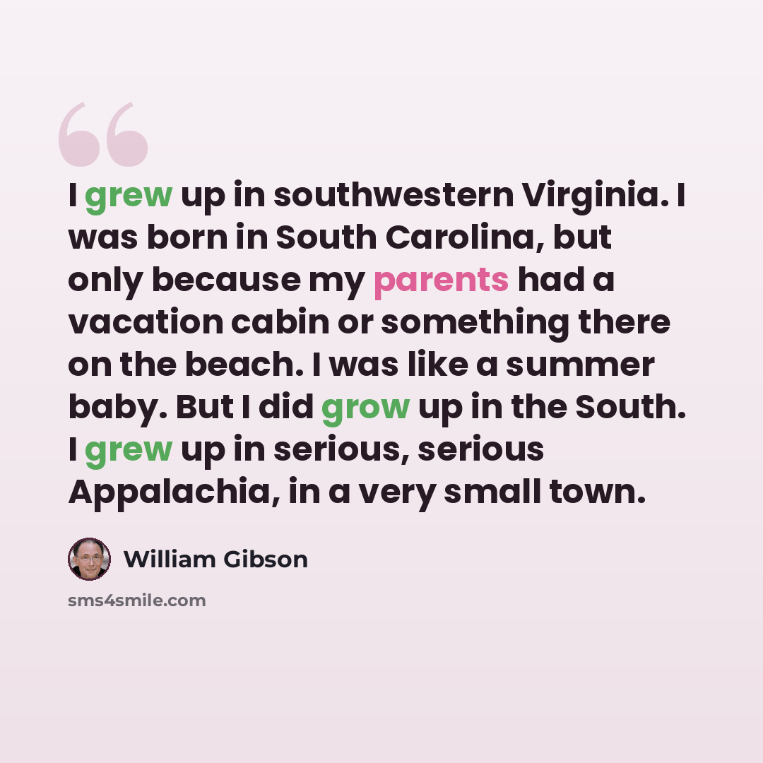 “I grew up in southwestern Virginia. I was born in South Carolina, but only because my parents had a vacation cabin or something there on the beach. I was like a summer baby. But I did grow up in the South. I grew up in serious, serious Appalachia, in a very small town.” quote by William Gibson