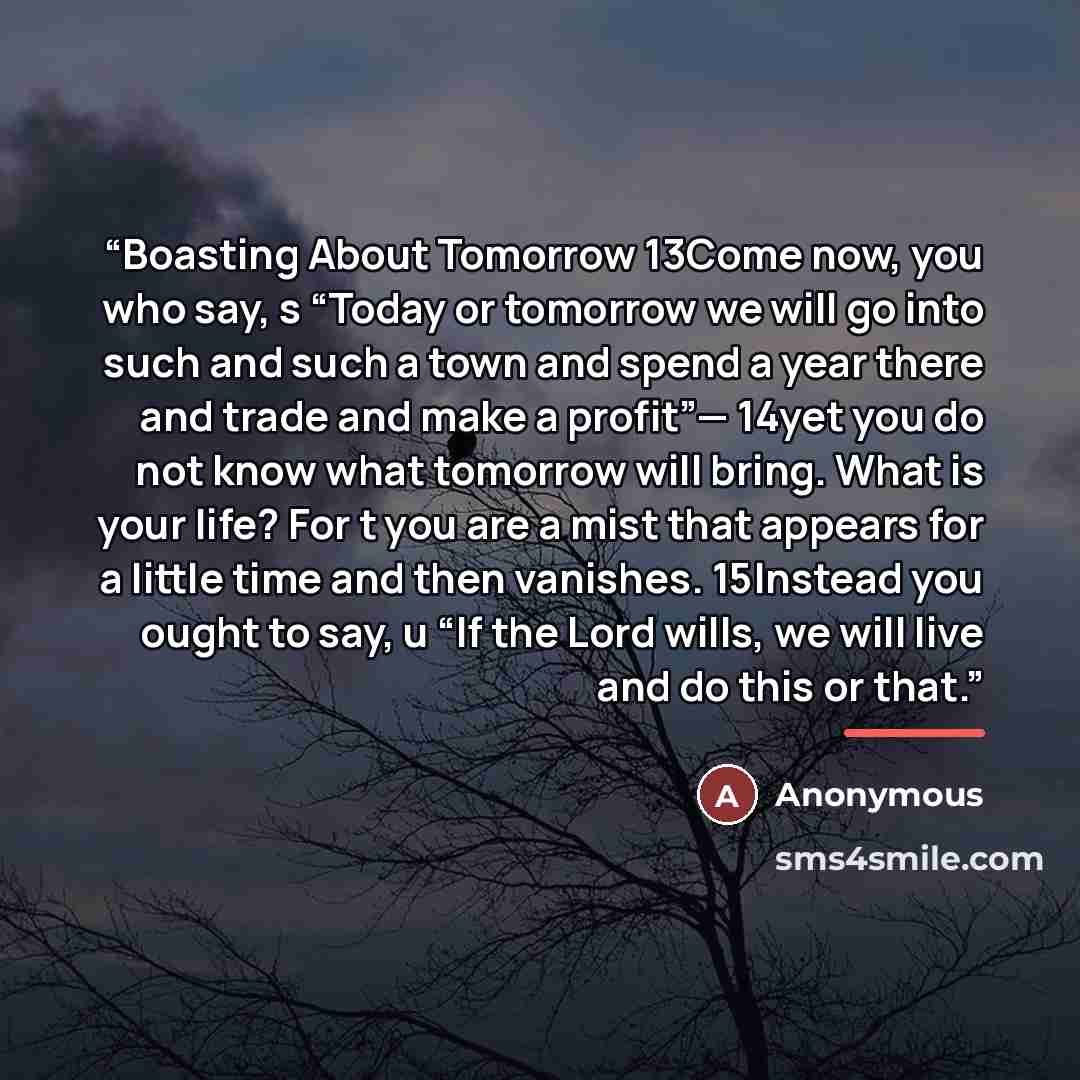 “Boasting About Tomorrow 13Come now, you who say, s “Today or tomorrow we will go into such and such a town and spend a year there and trade and make a profit”— 14yet you do not know what tomorrow will bring. What is your life? For t you are a mist that appears for a little time and then vanishes…” quote by Anonymous