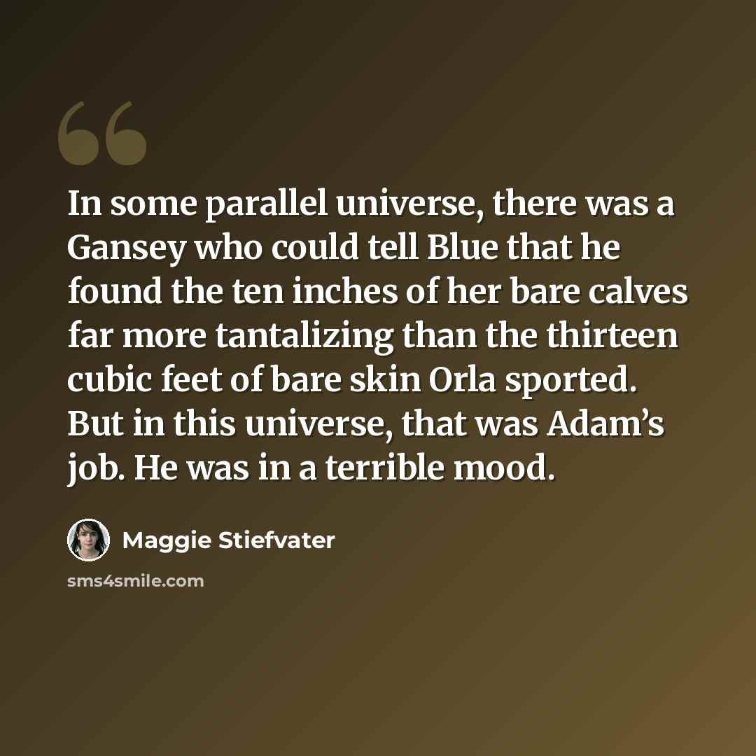 “In some parallel universe, there was a Gansey who could tell Blue that he found the ten inches of her bare calves far more tantalizing than the thirteen cubic feet of bare skin Orla sported. But in this universe, that was Adam’s job. He was in a terrible mood.” quote by Maggie Stiefvater