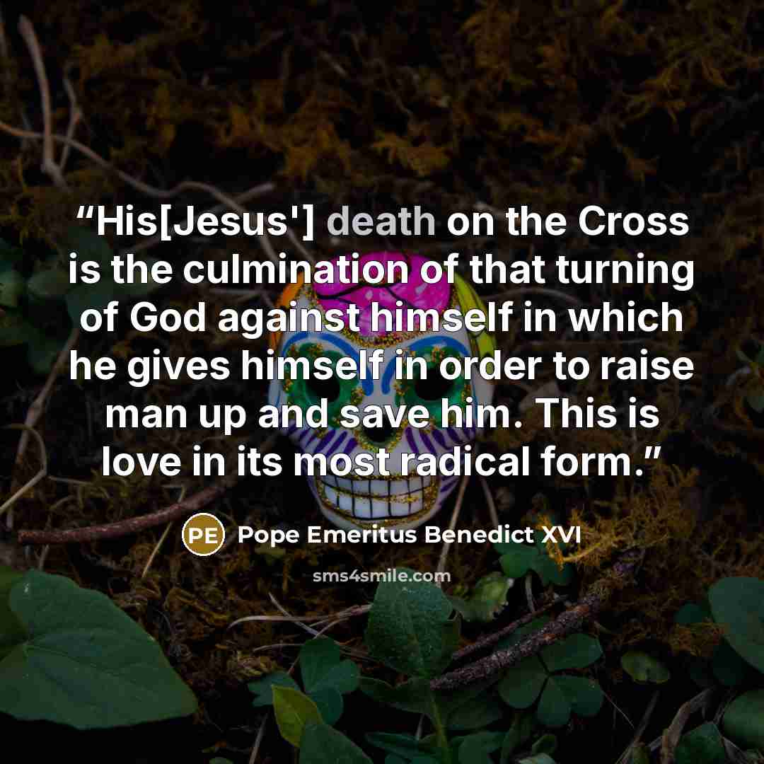 “His[Jesus'] death on the Cross is the culmination of that turning of God against himself in which he gives himself in order to raise man up and save him. This is love in its most radical form.” quote by Pope Emeritus Benedict XVI