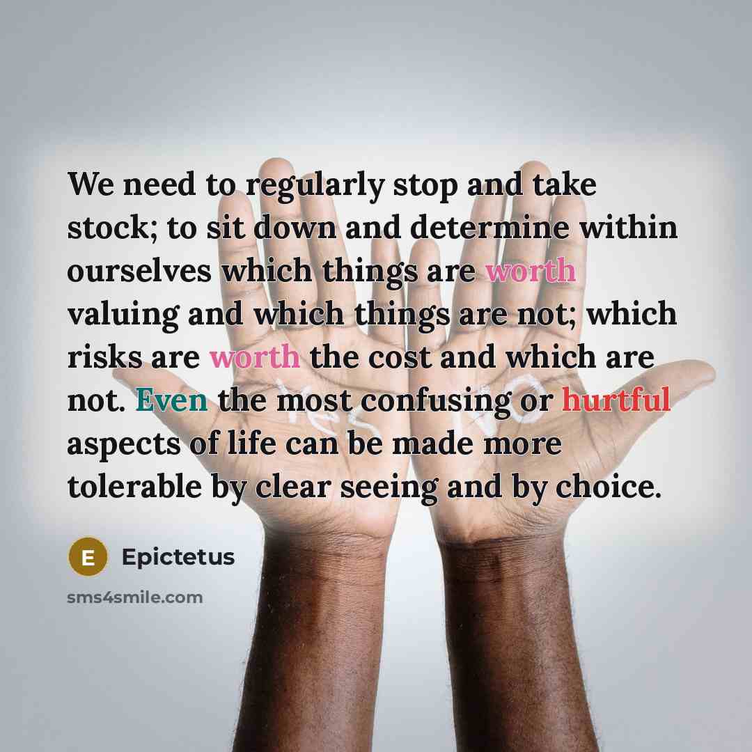 “We need to regularly stop and take stock; to sit down and determine within ourselves which things are worth valuing and which things are not; which risks are worth the cost and which are not. Even the most confusing or hurtful aspects of life can be made more tolerable by clear seeing and by choice.” quote by Epictetus