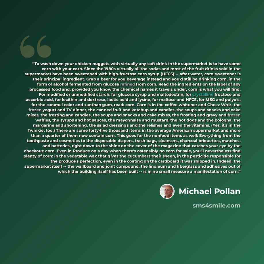 “To wash down your chicken nuggets with virtually any soft drink in the supermarket is to have some corn with your corn. Since the 1980s virtually all the sodas and most of the fruit drinks sold in the supermarket have been sweetened with high-fructose corn syrup (HFCS) -- after water, corn…” quote by Michael Pollan