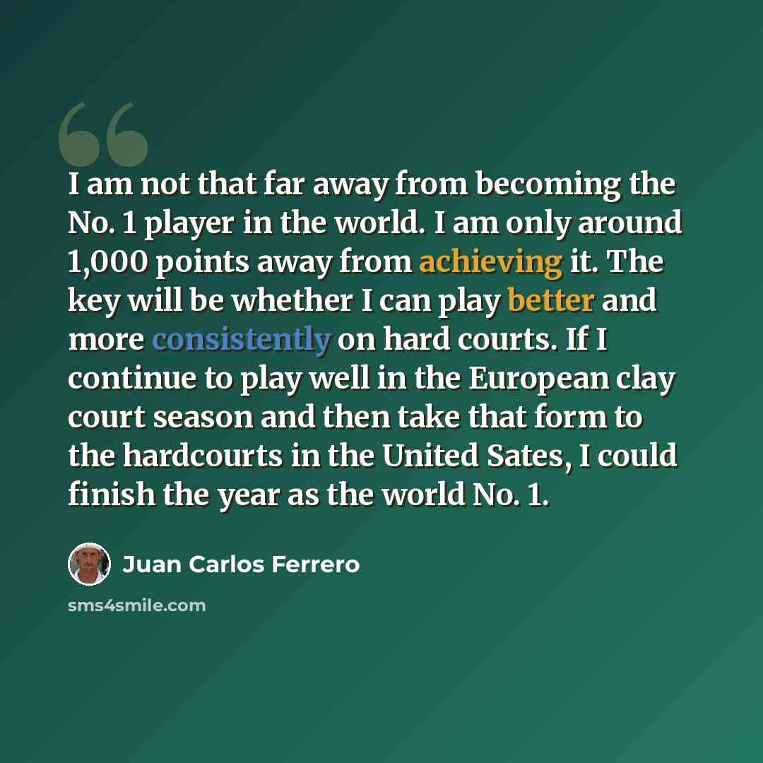 “I am not that far away from becoming the No. 1 player in the world. I am only around 1,000 points away from achieving it. The key will be whether I can play better and more consistently on hard courts. If I continue to play well in the European clay court season and then take that form to the…” quote by Juan Carlos Ferrero