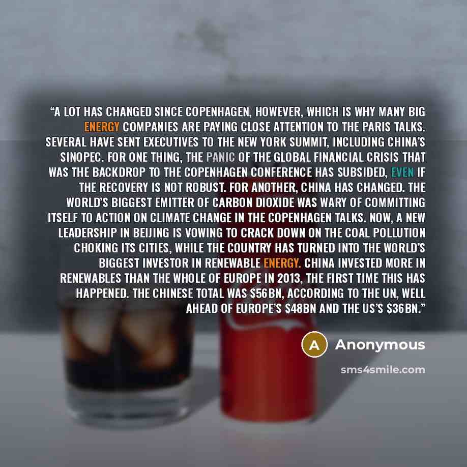 “A lot has changed since Copenhagen, however, which is why many big energy companies are paying close attention to the Paris talks. Several have sent executives to the New York summit, including China’s Sinopec. For one thing, the panic of the global financial crisis that was the backdrop to the…” quote by Anonymous