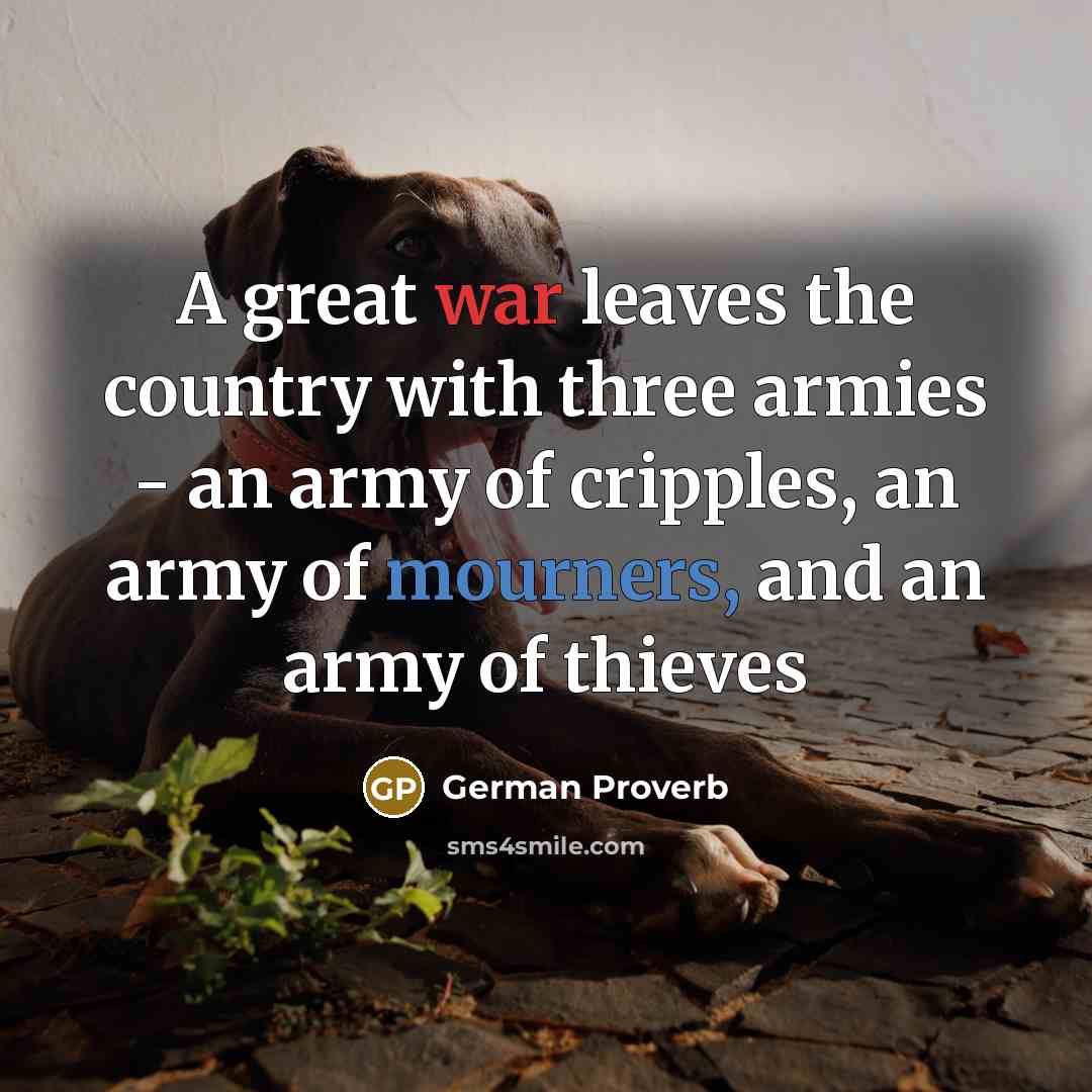 “A great war leaves the country with three armies - an army of cripples, an army of mourners, and an army of thieves” quote by German Proverb