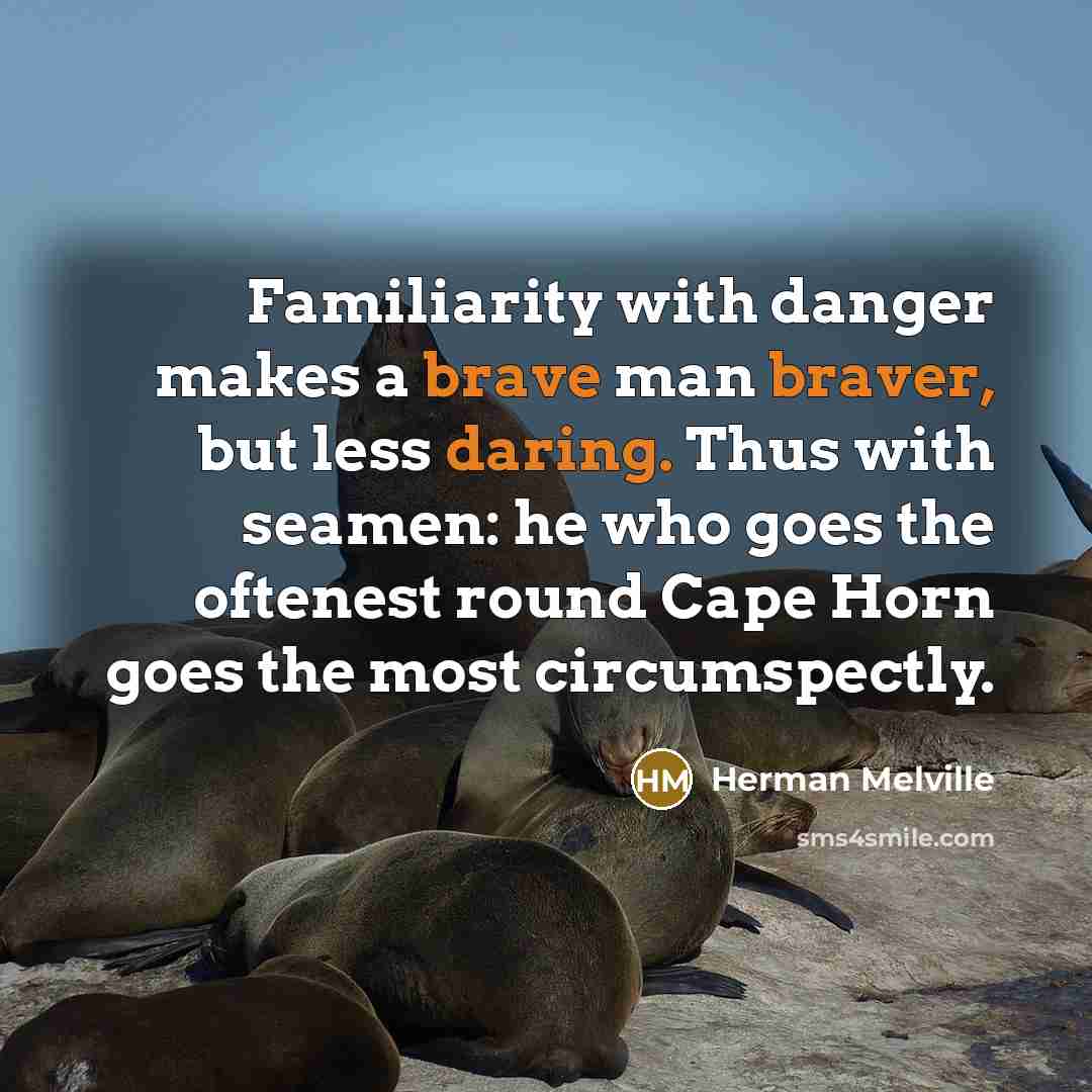 “Familiarity with danger makes a brave man braver, but less daring. Thus with seamen: he who goes the oftenest round Cape Horn goes the most circumspectly.” quote by Herman Melville