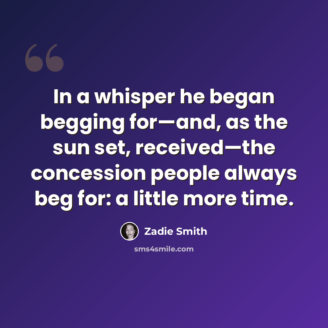 “In a whisper he began begging for—and, as the sun set, received—the concession people always beg for: a little more time.” quote by Zadie Smith