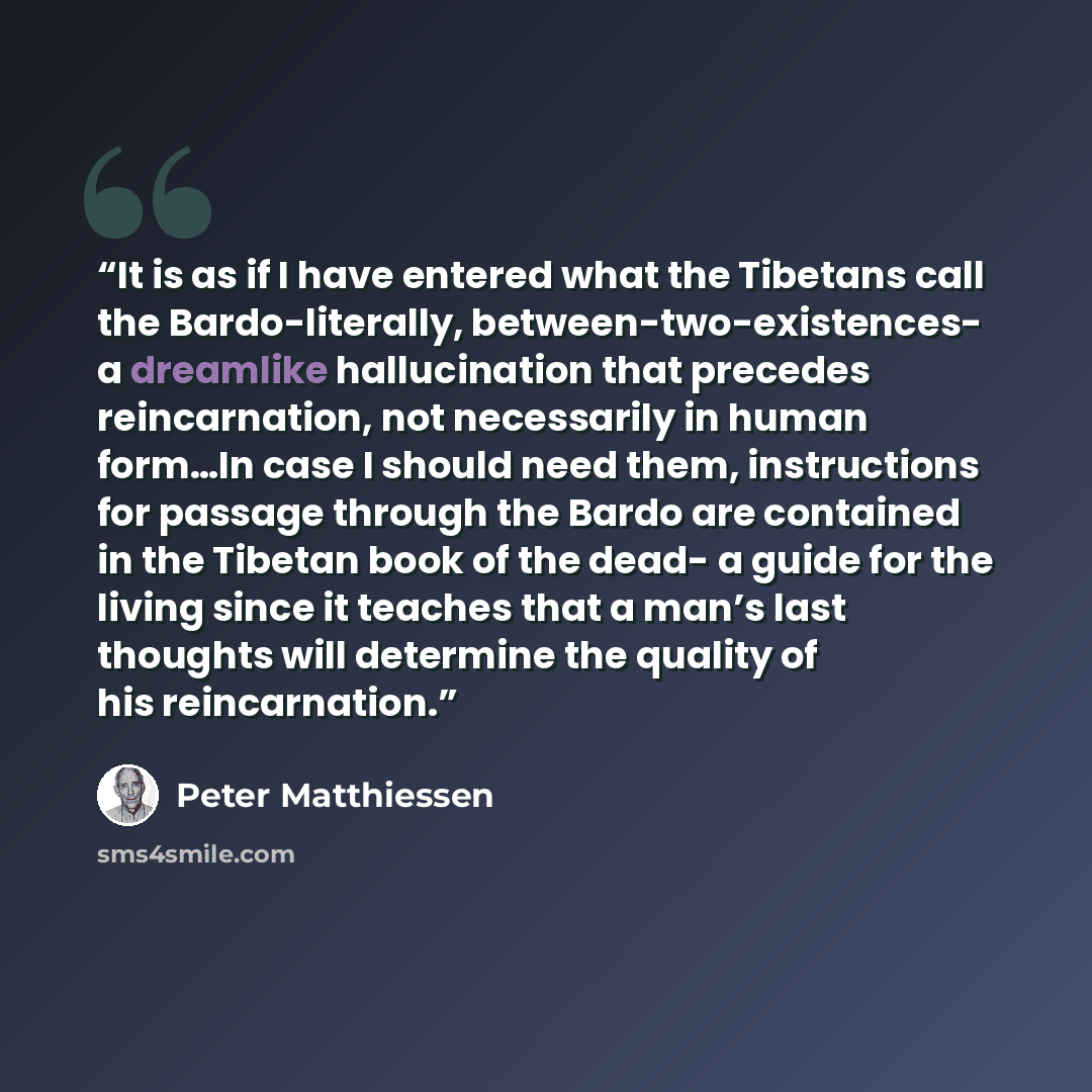 “It is as if I have entered what the Tibetans call the Bardo-literally, between-two-existences- a dreamlike hallucination that precedes reincarnation, not necessarily in human form…In case I should need them, instructions for passage through the Bardo are contained in the Tibetan book of the dead…” quote by Peter Matthiessen