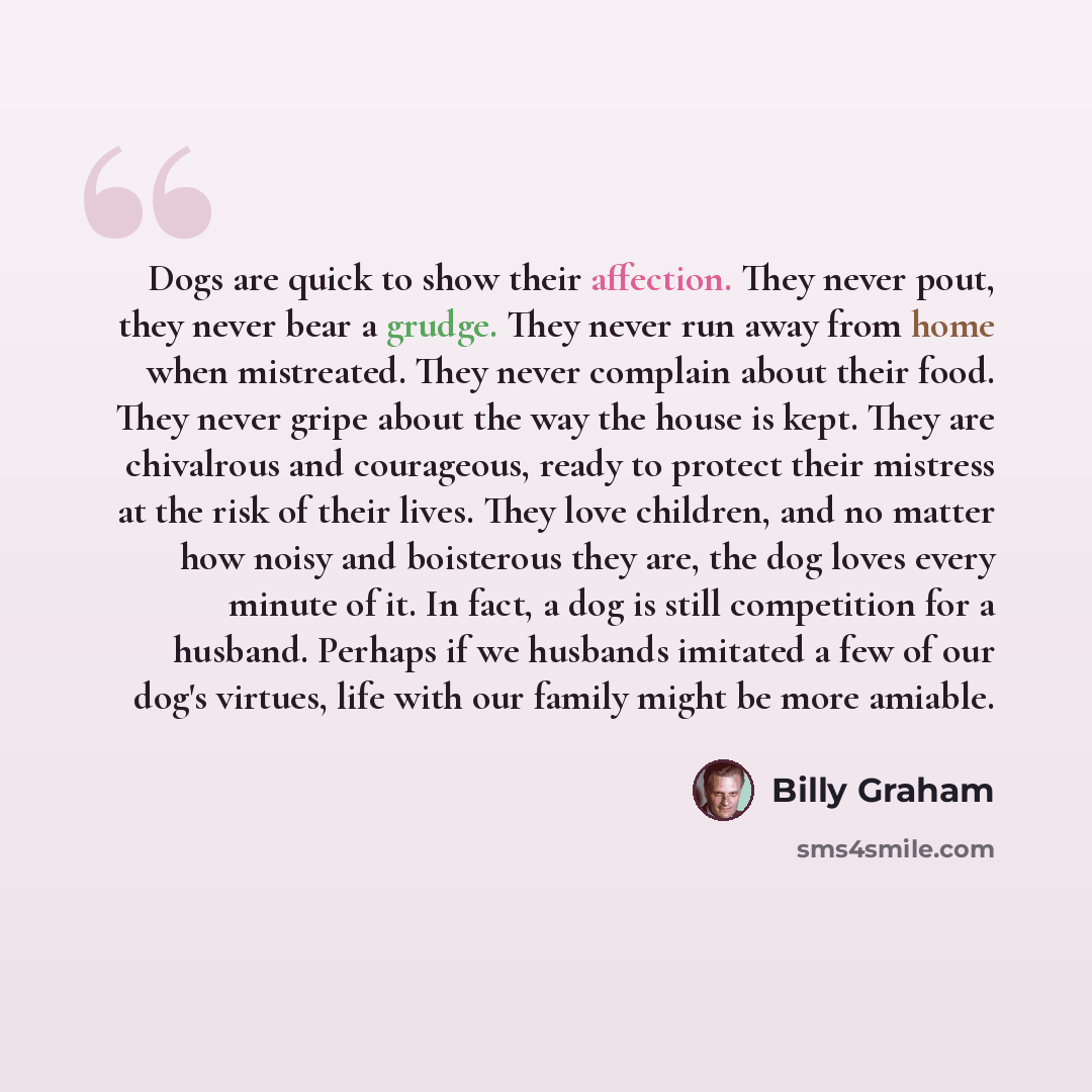 “Dogs are quick to show their affection. They never pout, they never bear a grudge. They never run away from home when mistreated. They never complain about their food. They never gripe about the way the house is kept. They are chivalrous and courageous, ready to protect their mistress at the risk…” quote by Billy Graham
