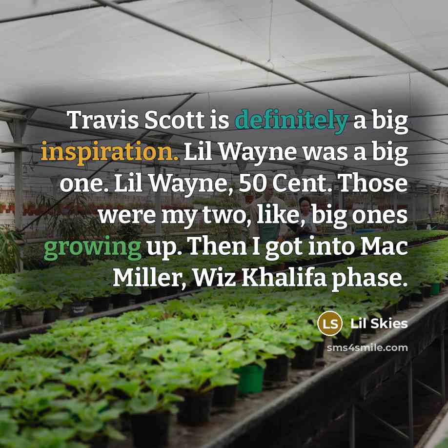 “Travis Scott is definitely a big inspiration. Lil Wayne was a big one. Lil Wayne, 50 Cent. Those were my two, like, big ones growing up. Then I got into Mac Miller, Wiz Khalifa phase.” quote by Lil Skies
