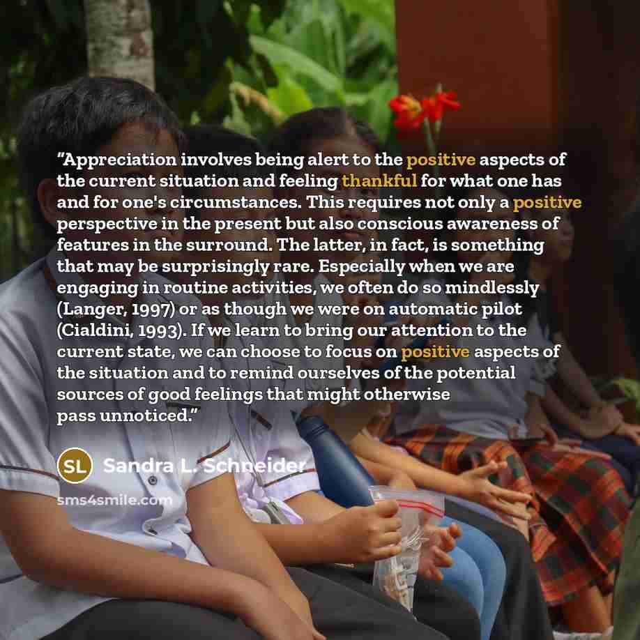 “Appreciation involves being alert to the positive aspects of the current situation and feeling thankful for what one has and for one's circumstances. This requires not only a positive perspective in the present but also conscious awareness of features in the surround. The latter, in fact, is…” quote by Sandra L. Schneider